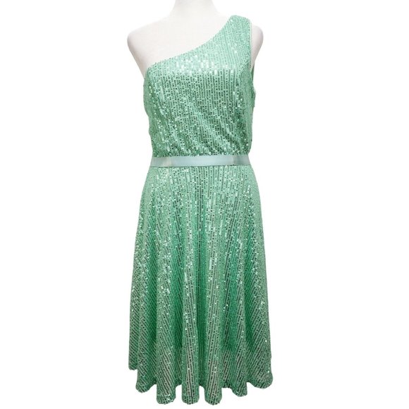 One-Shoulder Light Green Sequined Dress With Ribbon Waist Flowing Skirt Size M - Picture 1 of 12